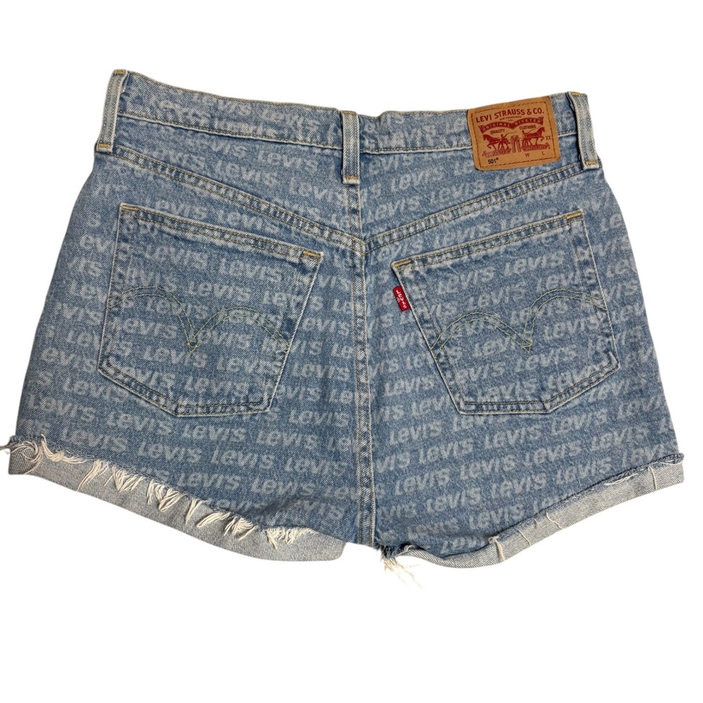 Levi's 501 Denim High Rise Cutoff Shorts All Over Logo Print Frayed Hem Size 29 - Picture 3 of 10